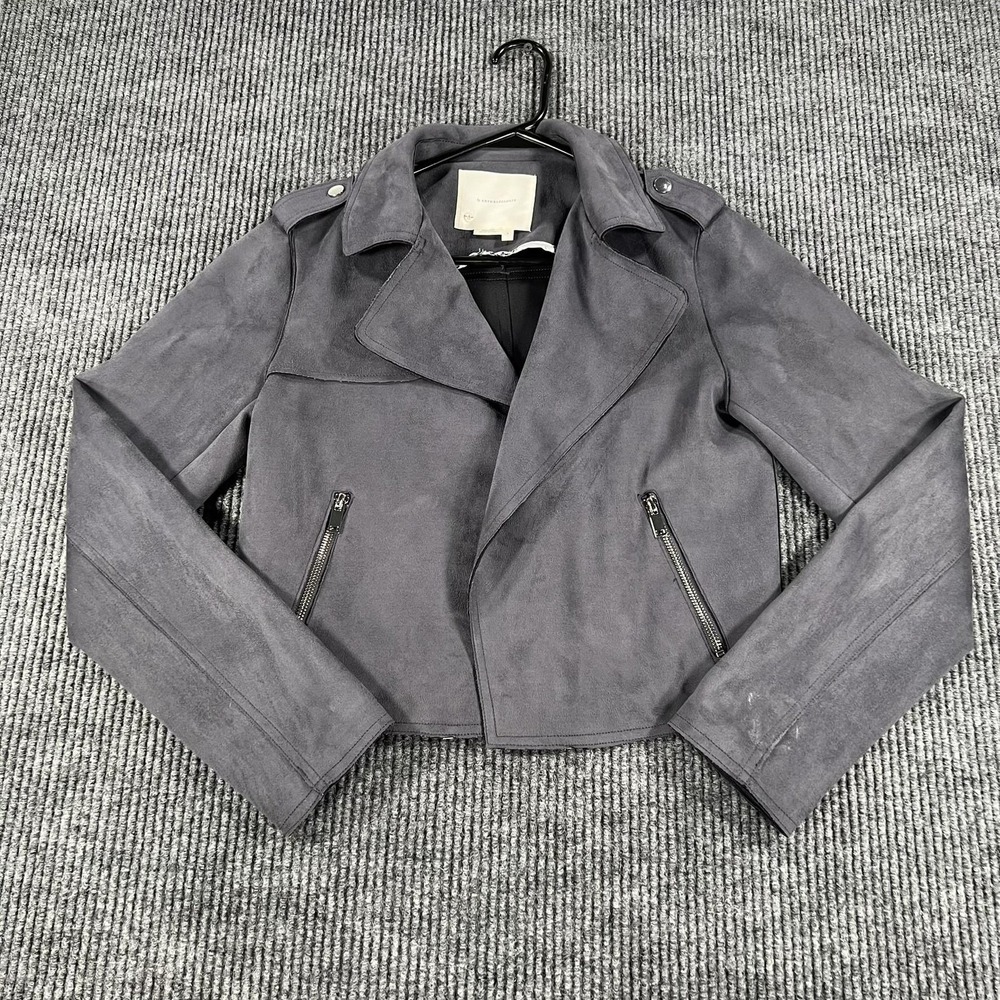 Anthropologie Jacket Womens Small Gray Faux Suede Moto Zip Pockets Stretch
